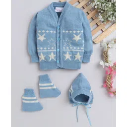 Little Angels Woollen Knit Full Sleeves Stars Designed Sweater With Cap & Booties - Blue & Cream-picture-13