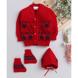 Little Angels Woollen Knit Full Sleeves Stars Designed Sweater With Cap & Booties - Red & Navy-picture-23