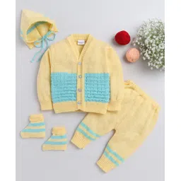 Little Angels Woollen Knit Full Sleeves Striped & Colour Blocked Sweater Set With Cap & Socks - Yellow & Green-picture-38