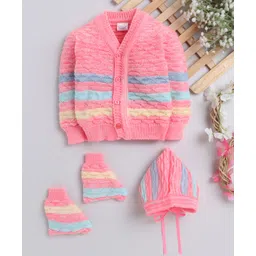 Little Angels Woollen Knit Full Sleeves Striped Sweater With Cap & Booties - Neon Pink-picture-16