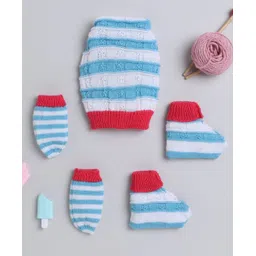 Little Angels Woollen Knit Striped Beanie Mittens & Socks - Blue & Red-picture-35