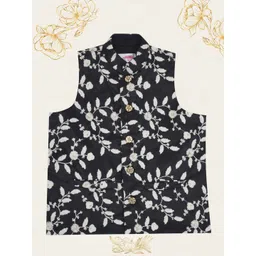 Little Bansi Boys Black Mulberry Silk Woven Sleeveless Floral Thread work Nehru Jacket-picture-32