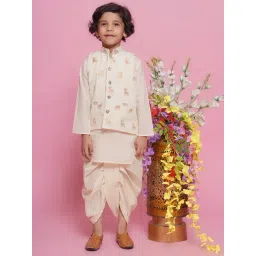 Little Bansi Boys Cream Self Design Full Sleeves Kurta, Dhoti with Nehru Jacket-picture-47