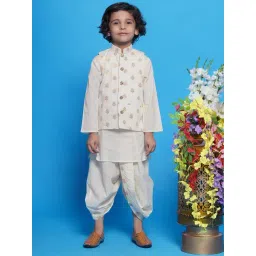 Little Bansi Boys Cream Self Design Full Sleeves Kurta, Dhoti with Nehru Jacket-picture-31