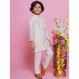 Little Bansi Boys Light Pink & Cream Self Design Full Sleeves Kurta with Pyjamas image 3