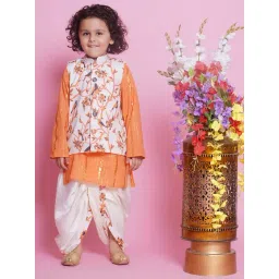 Little Bansi Boys Orange & Cream Embroidered Full Sleeves Kurta, Dhoti with Nehru Jacket-picture-20