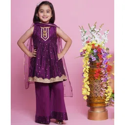 Little Bansi Chanderi Cotton Sleeveless Lace Embellished & Foil Printed Coordinating Kurta Palazzo With Dupatta Set - Purple-picture-22