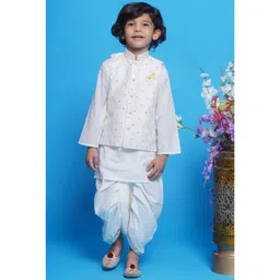 Little Bansi Cotton Full Sleeves Floral Embroidered Nehru Jacket With Foil Striped Kurta And Dhoti Set - Cream-picture-30