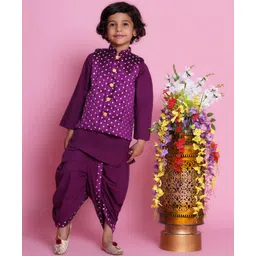 Little Bansi Cotton Full Sleeves Floral Foil Embroidered Kurta With Nehru Jacket & Dhoti - Purple-picture-25