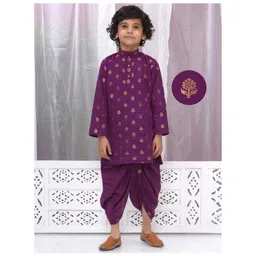 Little Bansi Cotton Full Sleeves Floral Foil Printed Dhoti Kurta Set - Purple-picture-19