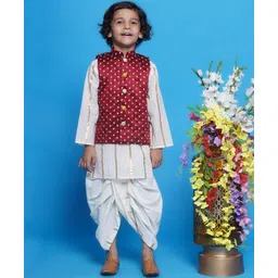 Little Bansi Cotton Full Sleeves Foil Striped Kurta With Coordinating Dhoti & Floral Embellished Nehru Jacket - Cream & Maroon-picture-31
