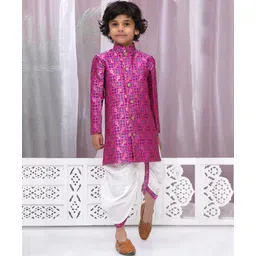 Little Bansi Cotton Silk Full Sleeves Floral & Birds Foil Printed Sherwani With Dhoti Set - Magenta-picture-22