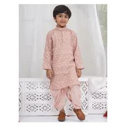 Little Bansi Cotton Woven Full Sleeves Leaves Embroidered & Pearls Embellished Kurta & Dhoti Set - Mocha Brown-picture-12
