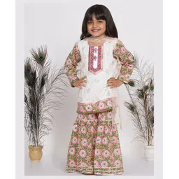 Little Bansi Full Sleeves Bengali Floral Embroidery & Print Kurta With Floral Sharara With Embellished Tulle Dupatta - Orange Pink & White-picture-23