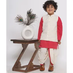 Little Bansi  Full  Sleeves Floral  Embroidered Jacket & Thread Work Detailed With Gota Lace Embellished Coordinating Kurta & Dhoti Set - Red & Cream-picture-36