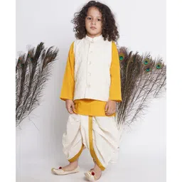 Little Bansi Full Sleeves Floral Embroidered Jaipuri Thread Detailed Kurta Dhoti With Jacket - Yellow-picture-12