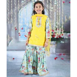 Little Bansi Full Sleeves Floral Printed & Embroidered Kurta Sharara With Dupatta - Yellow & Green-picture-32