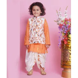 Little Bansi Full Sleeves Striped Foil Printed Kurta & Dhoti With Floral Embroidered Nehru Jacket Set - Orange & Cream-picture-25