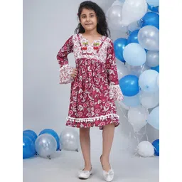 Little Bansi Girls Cotton Full Bell Sleeves Floral Printed Frock with Lace Work-picture-11