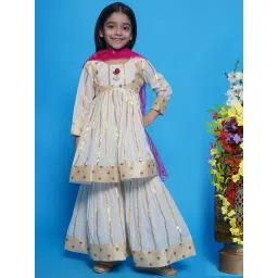 Little Bansi Girls Cream & Pink Embroidered Kurta, Sharara, Jacket with Dupatta-picture-12