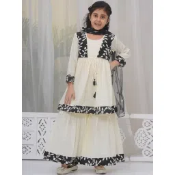 Little Bansi Girls Cream Cotton Three Fourth Sleeves Frock Style Kurta With Sharara And Dupatta-picture-35