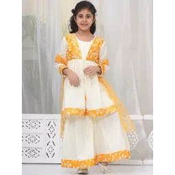 Little Bansi Girls Cream Cotton Three Fourth Sleeves Frock Style Kurta With Sharara And Dupatta-picture-28