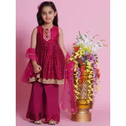 Little Bansi Girls Dark Pink Embellished Kurta, Plazzos with Dupatta-picture-45