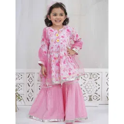 Little Bansi Girls Floral Printed Cotton A-Line Kurta with Sharara & Dupatta-image-26