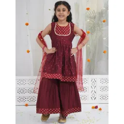 Little Bansi Girls Maroon Embroidered Regular Fit Suit Set-picture-18