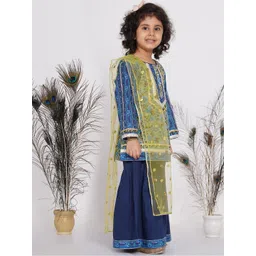 Little Bansi Girls Multicoloured Ethnic Motifs Embroidered Layered Pure Cotton Kurta with Sharara & With image 5