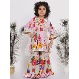 Little Bansi Girls Multicoloured Floral Printed Kurta with Sharara & With Dupatta-picture-17