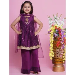 Little Bansi Girls Purple Self Design Kurta, Plazzos with Dupatta-picture-30