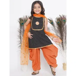 Little Bansi Kids Black & Orange Embellished Kurta, Salwar with Dupatta-picture-24