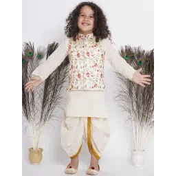 Little Bansi Kids Cream Embroidered Full Sleeves Kurta , Jacket with Dhoti-picture-18