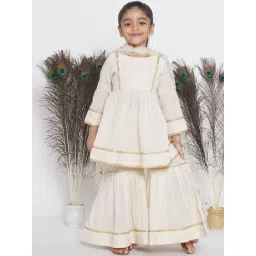 Little Bansi Kids Cream Embroidered Kurta, Sharara with Dupatta-picture-23