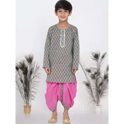 Little Bansi Kids Green & Pink Cotton Floral Print Full Sleeves Kurta Set-picture-26