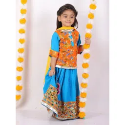 Little Bansi Kids Orange & Blue Cotton Embellished Kurta Lehenga Set-picture-21