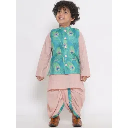 Little Bansi Kids Peach & Green Printed Full Sleeves Kurta, Dhoti with Jacket-picture-39
