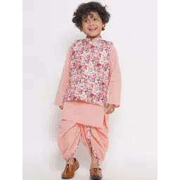 Little Bansi Kids Peach Floral Print Full Sleeves Kurta, Dhoti with Jacket-picture-12
