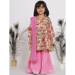 Little Bansi Kids Pink Printed Angrakha Style Kurta with Sharara & Dupatta-picture-16