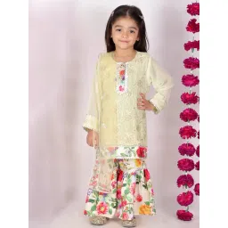 Little Bansi Kids Pista Green & Yellow Embroidered Kurta, Sharara with Dupatta-picture-30