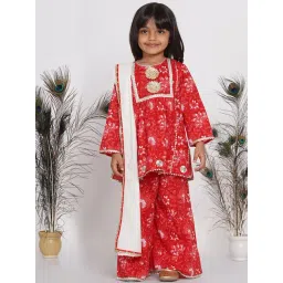 Little Bansi Kids Red & White Printed Kurta Frock with Palazzo & Dupatta-picture-37
