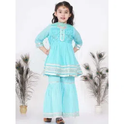 Little Bansi Kids Sky Blue & Silver Cotton Embroidered Kurta Set-picture-14