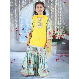 Little Bansi Kids Yellow & Blue Embellished Kurta, Gharara with Dupatta-picture-32