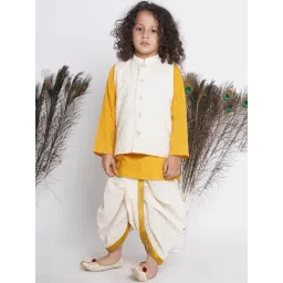 Little Bansi Kids Yellow & Cream Embroidered Full Sleeves Kurta, Jacket with Dhoti-picture-37