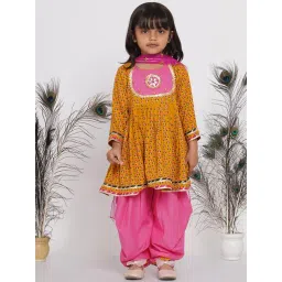 Little Bansi Kids Yellow & Pink Printed Kurta Frock with Salwar & Dupatta-picture-28