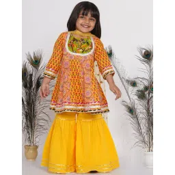 Little Bansi Kids Yellow Floral Print Kurta Frock with Sharara & Dupatta-picture-25