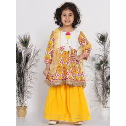 Little Bansi Kids Yellow Floral Print Kurta with Sharara & Dupatta-picture-26