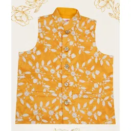 Little Bansi Mulberry Silk Woven Sleeveless Floral Thread Work Detailed Nehru Jacket- Haldi Yellow-picture-12