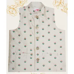 Little Bansi Silk Woven Sleeveless Floral Embroidered Nehru Jacket - Cream image 1